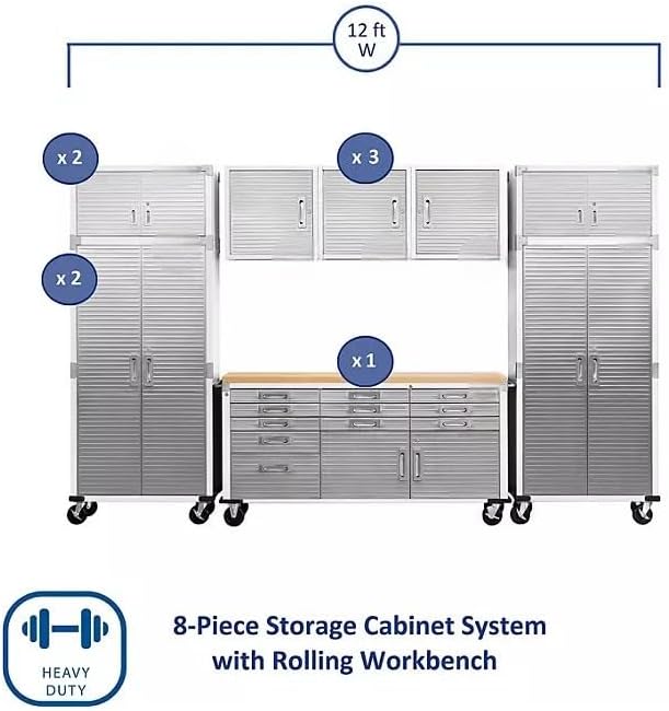 Heavy Duty 8-Piece Steel Garage Cabinet Storage Set with Rolling Workbench, 12 Feet Wide (White)