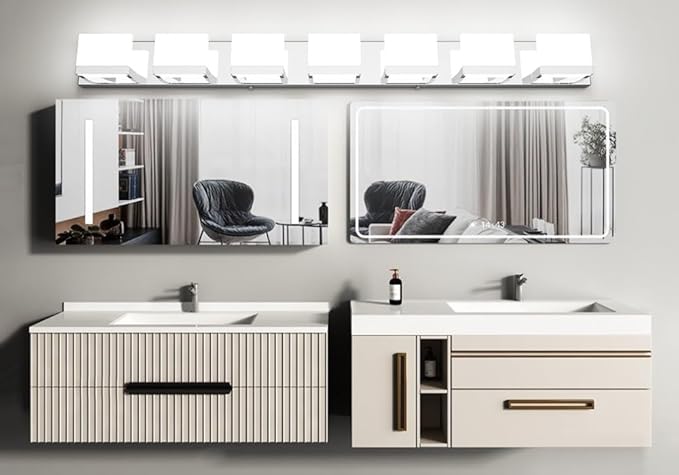 Tipace LED Modern Bathroom Vanity Light Fixtures, 7 Lights Chrome Vanity Lighting for Bathroom Wall Lights Up and Down LED Light Fixtures Over Mirror(White Light 6000K)