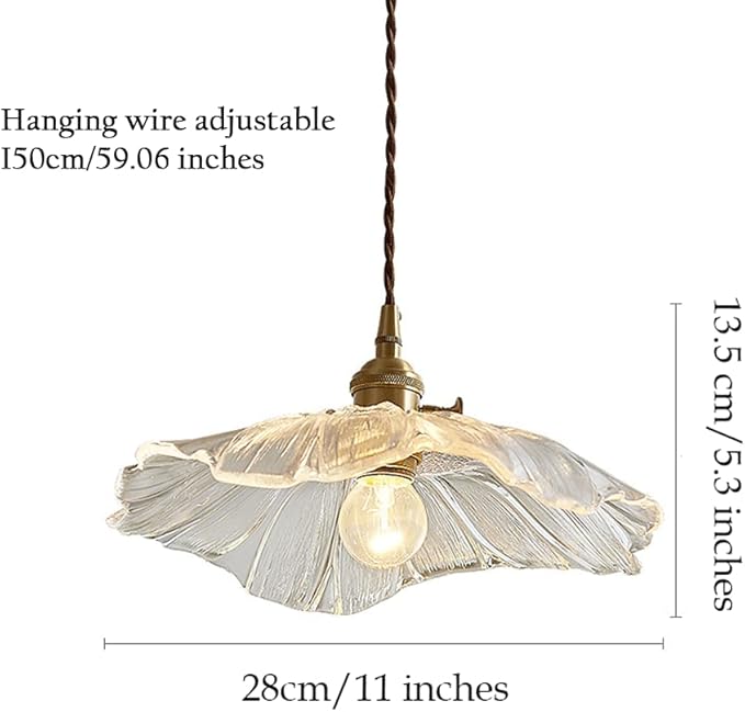 Glass Pendant Lights Full Brass Modern Pendant Lighting Fixture 11 Inch with Rippled Transparent Shade Adjustable Hanging Lamp for Dining Room and Kitchen Island