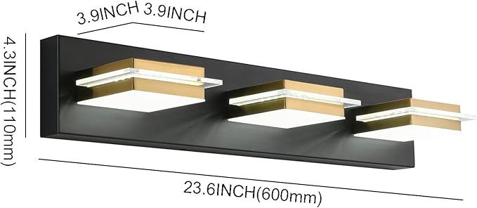 Bathroom Vanity Light Fixtures 3 Lights Dimmable LED Wall Sconce with Matte Black Finish Gold Metal Lampshade White Light 3000K-6000K,3 Color
