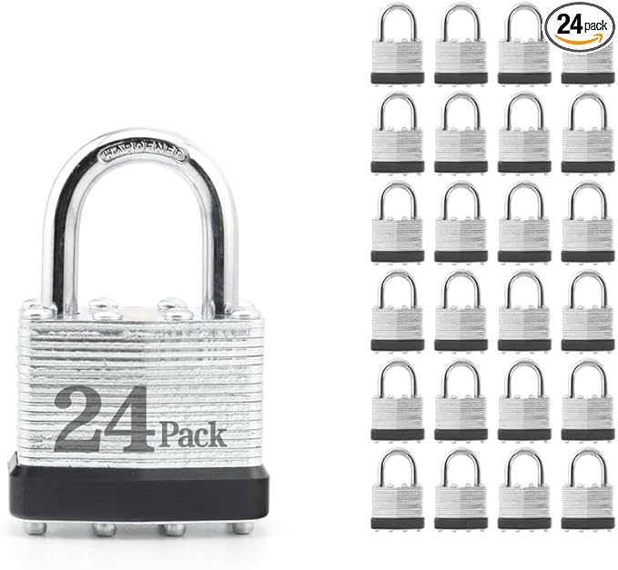 ZonRo Locks Laminated Steel Keyed Padlocks,Keyed Alike Locks, 1-9/16 inch Wide,Normal Shackle Padlocks, Pack of 24，Black Hoop, for Hasp Latch, Sheds, Fences, Storage Locker, School, Gym…