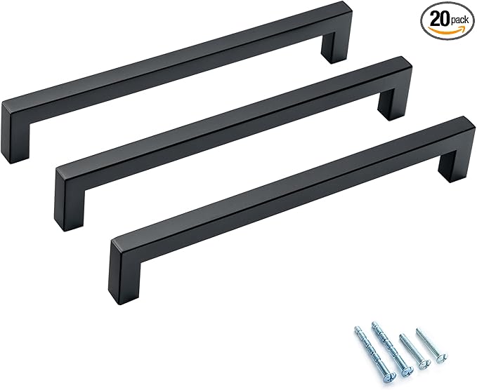 20 Pack Black Handles for Cabinets 8 Inch Stainless Steel Matte Black Square Cabinet Pulls Drawer Handles Cupboard Handles Modern Kitchen Cabinet Hardware