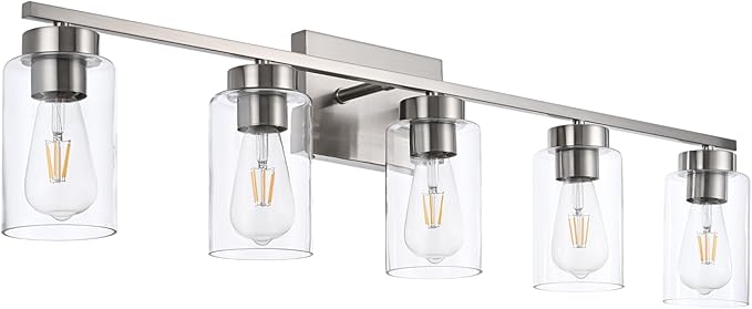 5 Light Bathroom Vanity Light Fixtures, Brush Nickel Modern Wall Lights with Clear Glass Shade, Vintage Wall Sconce Lighting for Living Room, Mirror, Bedroom, Hallway (Nickel, 5-Lights)