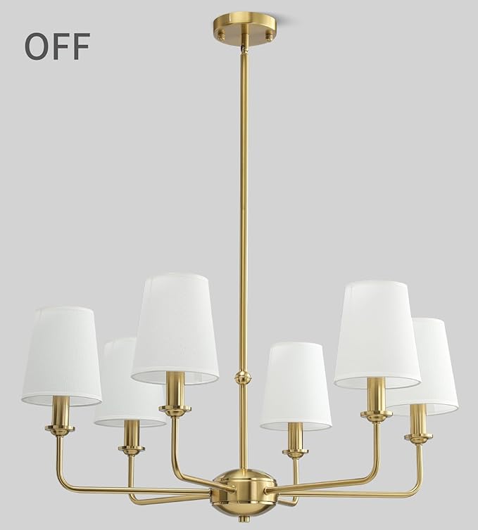6-Light Brushed Gold Pendant Chandelier with White Linen Shades, E12 Base - Farmhouse & Industrial Style for Kitchen, Living Room, Dining Room, or Bedroom Lighting