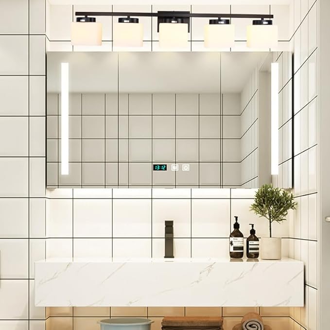 5-Light Matte Black Vanity Light Fixture with White Glass Shade for Bathroom Over Mirror, 40 Inches