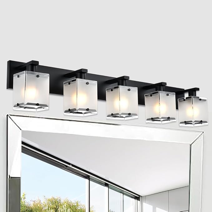 5-Lights Bathroom Light Fixtures, Matte Black Modern Vanity Lights with Rectangular Frosted Glass for Over Mirror Dressing Table, E26 Bulb Base