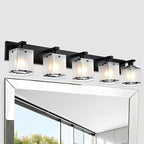 5-Lights Bathroom Light Fixtures, Matte Black Modern Vanity Lights with Rectangular Frosted Glass for Over Mirror Dressing Table, E26 Bulb Base