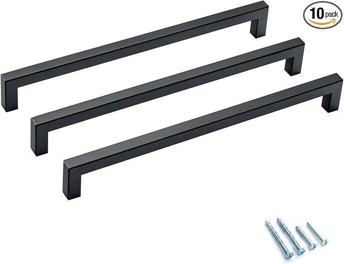 10 Pack Black Kitchen Cabinet Handles 10 Inch Matt Black Stainless Steel Square Cabinet Pulls Furniture Dresser Wardrobe Handles Modern Cabinet Hardware