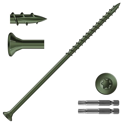 #14 x 7 Inch Deck Screws (129Pcs) 6lb. Exterior Wood Screws. Carbon Steel, Green, Flat Head, Rust Resistant epoxy Coated, with T30 Star Bit