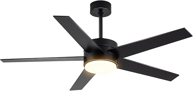 52 Inch Modern Ceiling Fan with Light, 5 Blades, Remote Control, Reversible DC Motor, Stepless Dimmable, Noiseless for Indoor and Use, Black