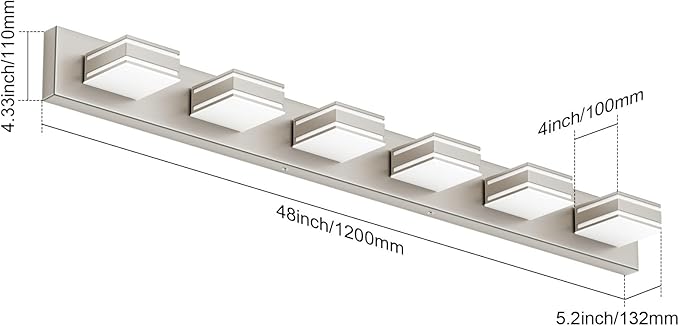 Ralbay 48inch Brushed Nickel Bathroom Vanity Light 6-Light Metal Acrylic Modern LED Bathroom Lighting Over Mirror