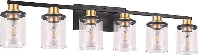 Modern 6-Light Bathroom Vanity Light Fixtures Over Mirror, Black Wall Lamp for Over Sink Bathroom，Farmhouse Wall Sconces with Clear Glass Shade for Bedroom,Living Room