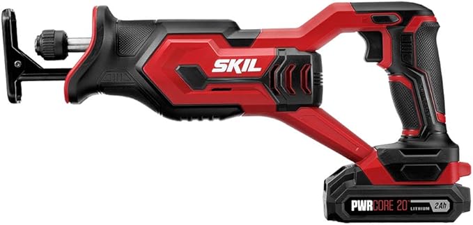 SKIL 20V 4-Tool Combo Kit: 20V Cordless Drill Driver Reciprocating Saw, Circular Saw and Spotlight, Includes Two 2.0Ah PWR CORE Lithium Batteries and One Charger - CB739701,Black, Red