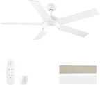 52 inch White Ceiling Fans with Lights and Remote, Reversible 5 Blades Modern Ceiling Fan for Bedroom, Living Room, Dining Room, LED 3 CCT 6-Speed Noiseless, ETL Listed