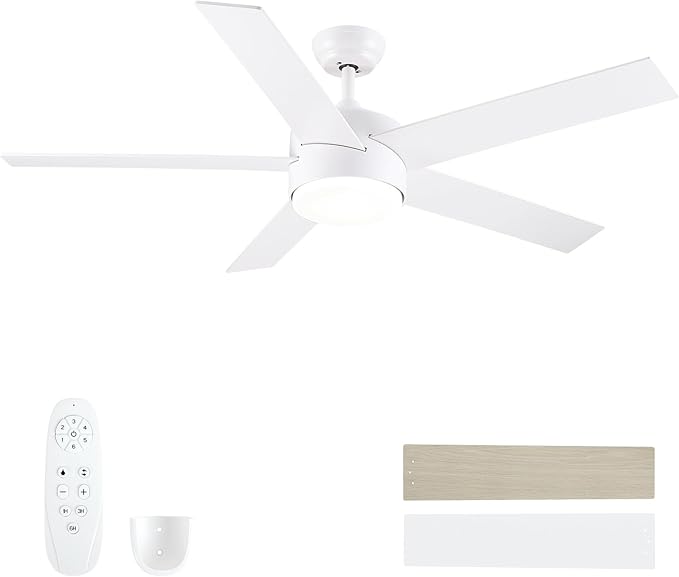 52 inch White Ceiling Fans with Lights and Remote, Reversible 5 Blades Modern Ceiling Fan for Bedroom, Living Room, Dining Room, LED 3 CCT 6-Speed Noiseless, ETL Listed