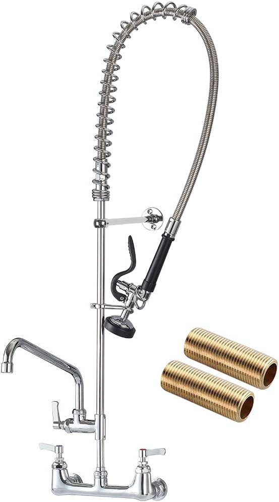 Commercial Kitchen Sink Faucet with Sprayer: 47 Inch Height 8" Center Commercial Wall Mount Faucet with Pull Down Pre Rinse Sprayer and 12" Swing Spout Kitchen Sink Faucet Fit for 2 3 Compartment Sink