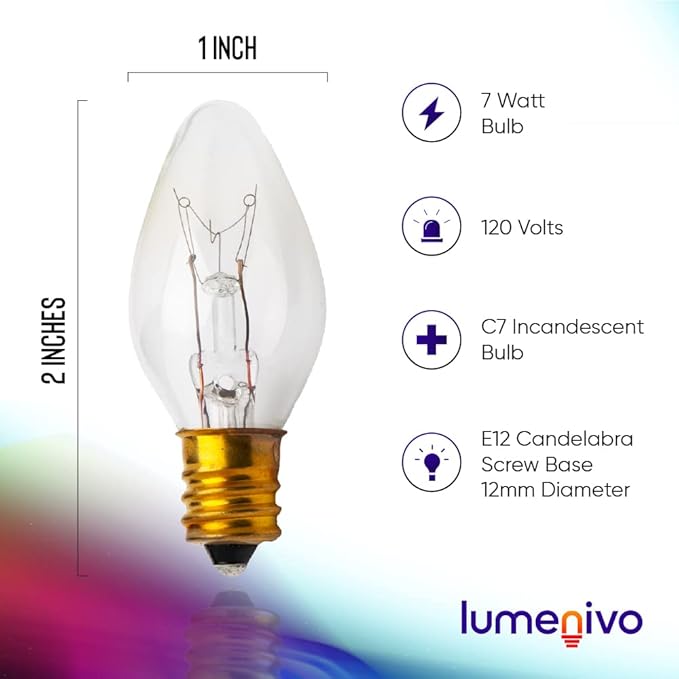 lumenivo 7 Watt Night Light Bulbs for Electric Window Candle Lamps, Salt Lamps, Christmas Villages, and Chandeliers E12 Candelabra Base C7 Light Bulbs - Clear – 120V - 4 Pack
