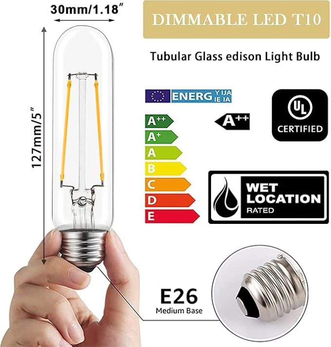 5 Inch T10 Tubular LED Light Bulbs,4000K Daylight Vintage E26 Edison Bulbs Dimmable,4W Equal 40 watt,400LM,UL-Certified Antique Glass Filament Bulbs for Chandeliers,Wall Sconces(6 Pack)