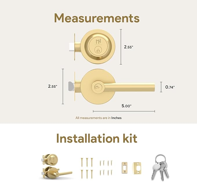 Mega Handles Ronn Entrance Combo, Entry Lever Door Handle and Single Cylinder Deadbolt Lock and Key Combo Pack, Heavy Duty Round Locking Door Levers Set for Left or Right-Handed Doors - Satin Brass