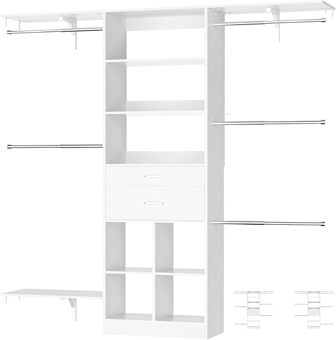 5FT Closet Organizer System with Wooden Drawers, 60 Inches Walk In Closet System With 5 Hanging Rods, Can Fit 1.58 to 6.8 FT with Reversible Hanging Shelving, White
