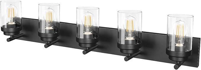 Bathroom Vanity Light Fixture with Clear Glass Shade, 5-Light Matte Black Bathroom Light Fixtures Over Mirror, Modern Vanity Lighting Fixtures for Bathroom/Living Room/Bedroom, E26 lamp Holder