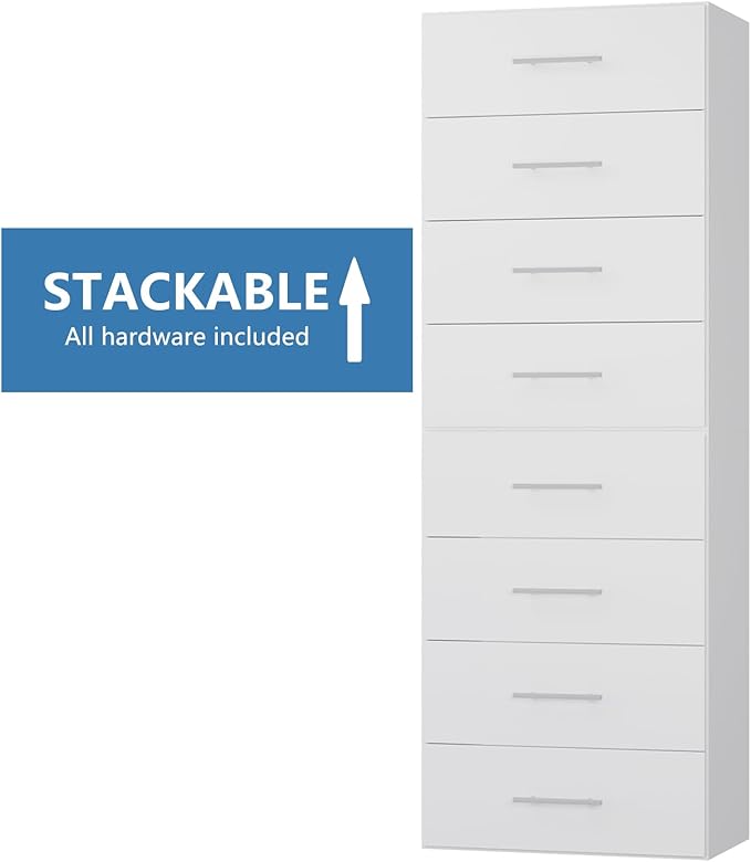 4 Drawer Short Tower, Modular Wood Closet System Organizer with Storage, Clothing Rack for Hanging Clothes, White, 25.5"W