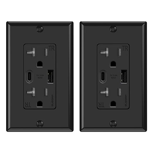 ELEGRP USB Wall Outlets, 20 Amp USB C Wall Outlets Receptacles, Outlets with USB A and USB C Ports, Tamper Resistant Receptacle, Wall Plate Included, UL Listed, 2 Pack, Black