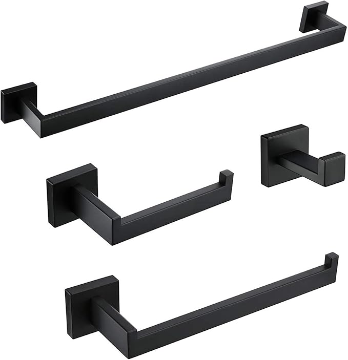 BAGNOLUX Matte Black Bathroom Accessories Set 4 Pieces, Bathroom Towel Holder Set Stainless Steel, Black Towel Bar Towel Racks for Bathroom Wall Mounted, Square Bathroom Hardware Set Heavy Duty