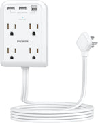 Flat Electrical Outlet Extender with USB C Ports, 4 Outlet 3 USB Wall Plug, 6 ft Thin Extension Cord, Flat Plug Power Strip Surge Protector for Home, Office. White