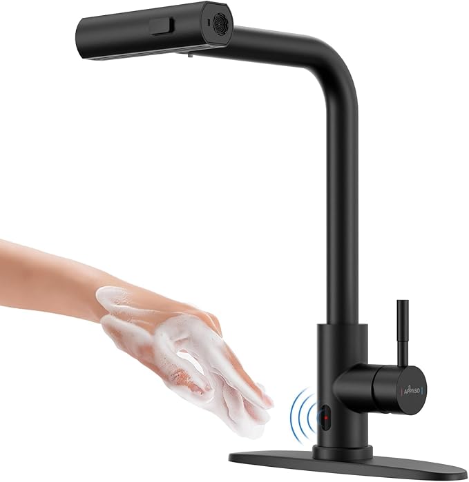 APPASO Touchless Kitchen Faucet with Pull Down Sprayer Matte Black, Waterfall Touchless Motion Sensor Hands-Free, Single Handle for 1 or 3 Holes Sink, Stainless Faucet Black with Easy Installation