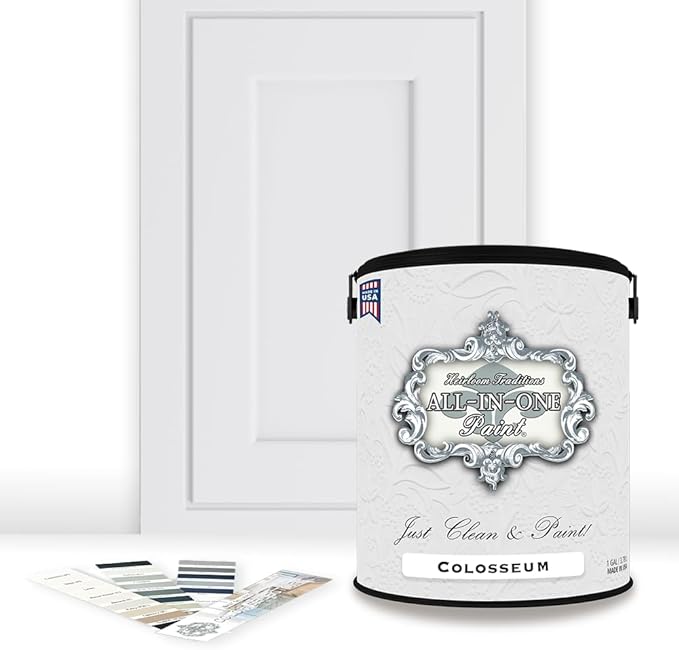 ALL-IN-ONE Paint, Durable cabinet and furniture paint. Built in primer and top coat, no sanding needed. Includes our 30 featured color card - Colosseum (white with subtle gray undertone), Gallon