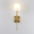 PERMO Single Classic Rustic Industrial Wall Sconce Lighting Fixture with Flared White Textile Lamp Shade and Antique Brass Tapered Column Stand, Hardwired, E26 Base