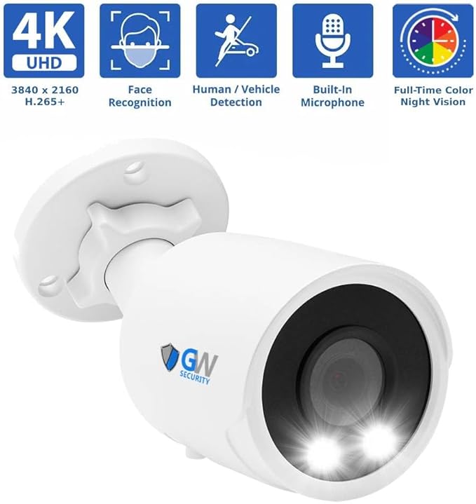 GW Security 4K Smart AI Security Camera System, 8 Channel 12MP PoE NVR, 4 x UHD 4K 8MP IP Outdoor Indoor Microphone Bullet Cameras, Face Recognition/Human/Vehicle Detection, 2TB Hard Drive