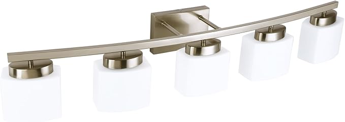 5 Light Brushed Nickel Vanity Lighting Fixture with Milky White Glass Shade for Bathroom Over Mirror, 40 Inches