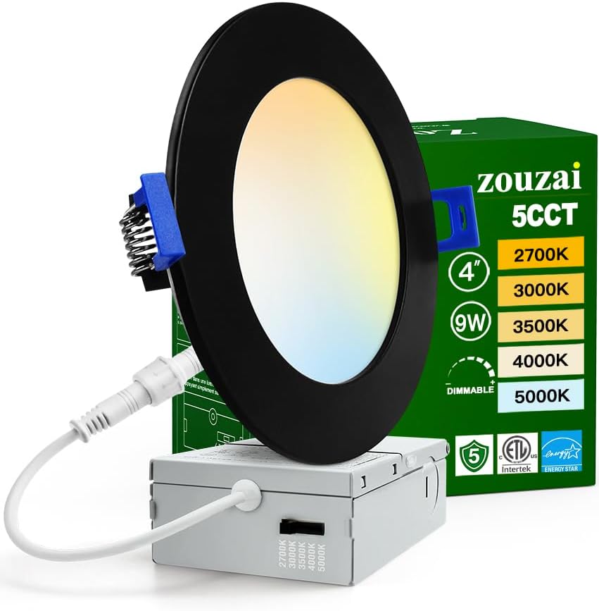 zouzai 1 Pack 4 Inch Black 5CCT Ultra-Thin LED Recessed Ceiling Light with Junction Box, 2700K/3000K/3500K/4000K/5000K Selectable, 9W Eqv 80W, Dimmable led can Lights - ETL and Energy Star Certified