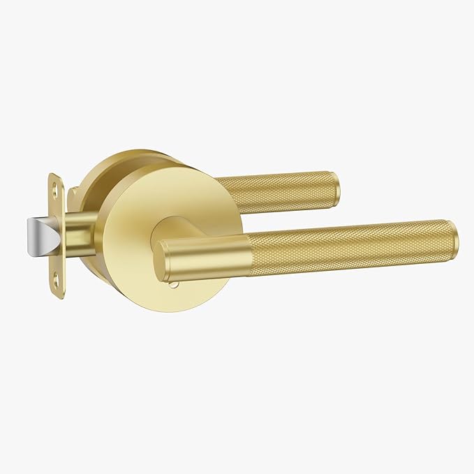 Asidrama 1 Pack Privacy Gold Door Handles, Door Lever with Door Knobs Indoor for Bedroom or Bathroom, Heavy Duty Brushed Gold Door Handles Interior with Locks for Left Right Sided Doors