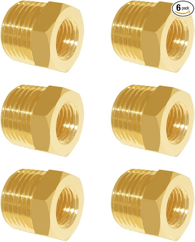 Hooshing 6PCS Brass Reducing Hex Bushing 3/8" NPT Male x 1/4" NPT Female Thread Reducer Pipe Fitting Adapter