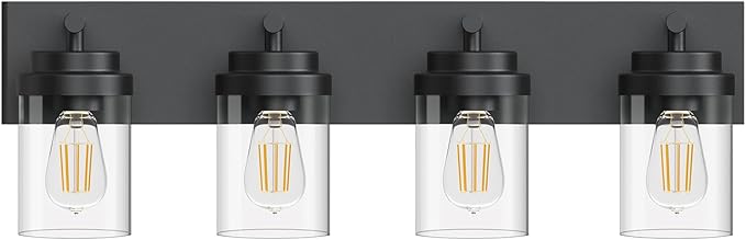 Bathroom Vanity Light Fixture with Clear Glass Shade, 4-Light Matte Black Bathroom Light Fixtures Over Mirror, Modern Vanity Lighting Fixtures for Bathroom/Living Room/Bedroom, E26 lamp Holder