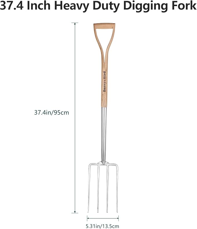 Berry&Bird Garden Digging Fork, 37.4" Stainless Steel Garden Spading Fork with D-Grip Handle, 4-Tine Heavy Duty Long Handled Pitchfork with Ash Wood Handle for Digging, Planting, Cultivating, Aerating