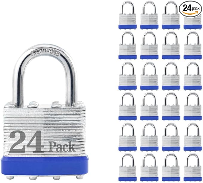 ZonRo Locks Laminated Steel Keyed Padlocks,Keyed Alike Locks, 1-9/16 inch Wide,Normal Shackle Padlocks, Pack of 24，Blue Hoop, for Hasp Latch, Sheds, Fences, Storage Locker, School, Gym…