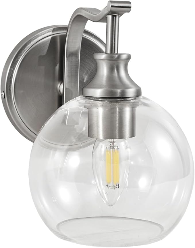ANDY STAR Brushed Nickel Bathroom Light Fixtures, 1-Light Vanity Lights, Modern Bathroom Wall Sconces Lighting with Globe Clear Glass Shade Up or Down Wall Mounted for Kitchen, Living Room, Hallway