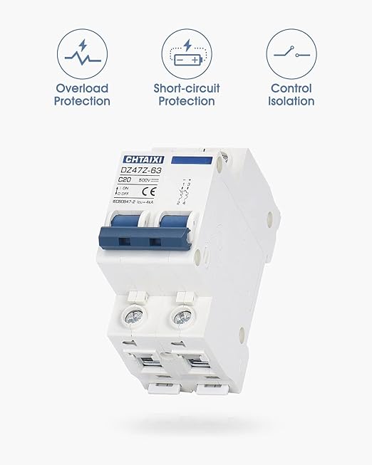 DC Miniature Circuit Breaker, 2 Pole 500V 20 Amp Isolator for Solar PV System, Thermal Magnetic Trip, DIN Rail Mount, Chtaixi DC Disconnect Switch C20