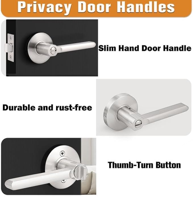 Probrico Interior Brushed Nickel Door Handle, Slim Handed Privacy Door Handles, Keyless Door Levers Lockset for Bedroom and Bathroom (8 Pack, Modern)