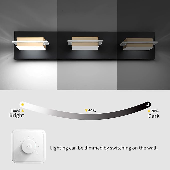 Bathroom Vanity Light Fixtures 3 Lights Dimmable LED Wall Sconce with Matte Black Finish Gold Metal Lampshade White Light 3000K-6000K,3 Color
