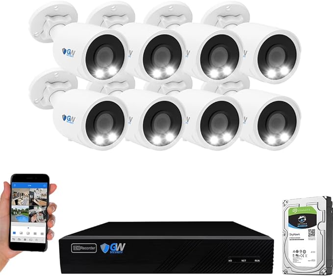GW Security 8 Channel 12MP NVR 4K AI Face Recognition Human & Vehicle Smart Detection Security Camera System with 8 UHD 8MP 2160P Microphone PoE Outdoor/Indoor Weatherproof IP Security Bullet Camera