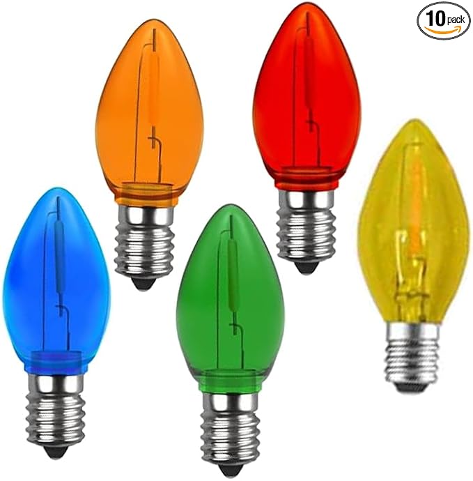 10 Pack Christmas Replacement Multicolour Bulbs,Outdoor Individual LED Bulbs for Events, Holiday Parties, Patios C7/E12 Candelabra Base,Shatterproof Plastic