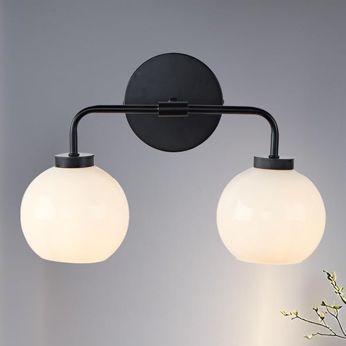 Minimalist Matte Black Metal Finish Glass Globe Double Wall Sconce, 17 Inch Hand-Polished Vanity Light with Milky Glass Shade Over Mirror, Wall Light for Hallway, Bathroom (Milk Glass-Matte Black)