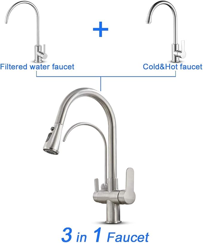 MENATT Filter Kitchen Faucet with Drinking Water Faucet, High Arc Pull Down 3-Way Kitchen Faucet, 3 in 1 Sink Cold and Hot Mixer Tap (Brushed Nickel)