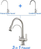 MENATT Filter Kitchen Faucet with Drinking Water Faucet, High Arc Pull Down 3-Way Kitchen Faucet, 3 in 1 Sink Cold and Hot Mixer Tap (Brushed Nickel)