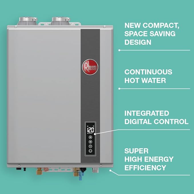 Rheem RTGH-95DVELP-3 Super High Efficiency Condensing Indoor Tankless Liquid Propane Water Heater, 9.5 GPM with WiFi